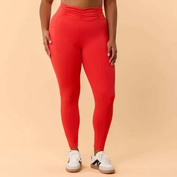 Blogilates Pants - Blogilates Rouched Waist Leggings Red High Waisted Pockets Squat Proof NWT 2X